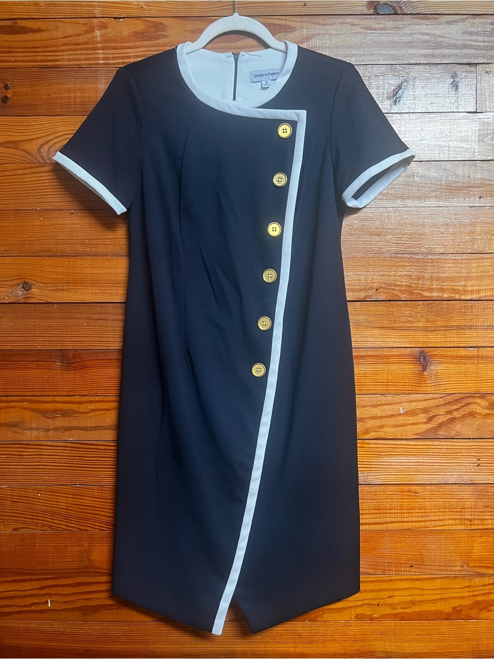 Shelby & Palmer Navy Blue Gold Button Sheath Dress Size 8